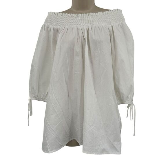 Lagenlook Tops - Melissa Paige Off Shoulder Top Medium Cotton White Lagenlook Drape 3/4 Sleeve